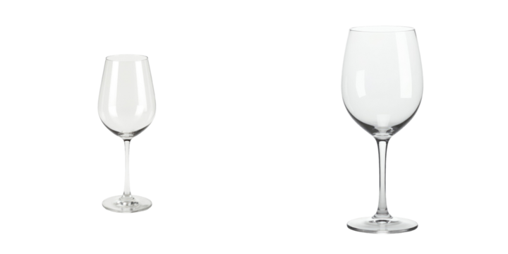 Empty clear wine glasses with different shapes isolated on transparent background suitable for product displays or promotional materials.