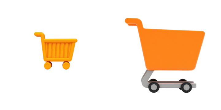 Two empty shopping trolleys one small and orange and one larger and orange isolated on transparent background displaying a conceptual shopping theme for retail or ecommerce use