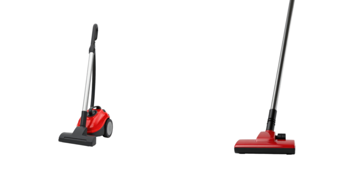 Modern red vacuum cleaner with detachable nozzle and slim design on transparent background highlighting features and versatility for cleaning tasks
