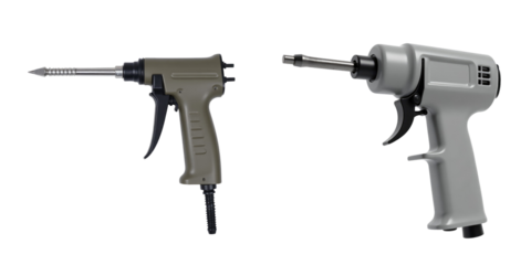 Air powered screwdriver tool in two color variations positioned on transparent background showcasing design details and functional components of pneumatic tools