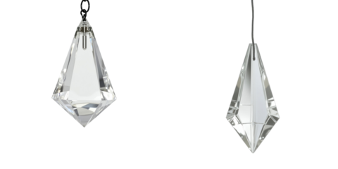 Isolated crystal chandelier pendants with a polished diamond shape, showcasing clear transparency and reflective surfaces on a transparent background.
