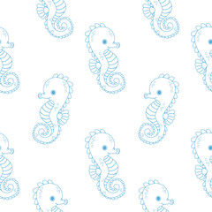 Seamless Pattern. Outline Cute Sea Seahorse. Line drawing