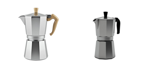 two stainless steel coffee makers with different colored handles isolated on a transparent background with no distractions or additional elements visible