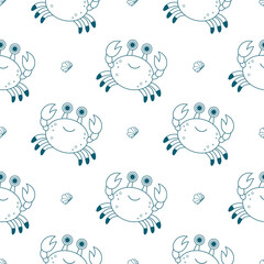 Outline Seamless Pattern with Cute Crab Sea Animal. Line drawing