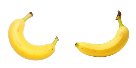 Two ripe yellow bananas on a transparent background isolated for visualization, showcasing distinct curves and natural blemishes for realistic representation.