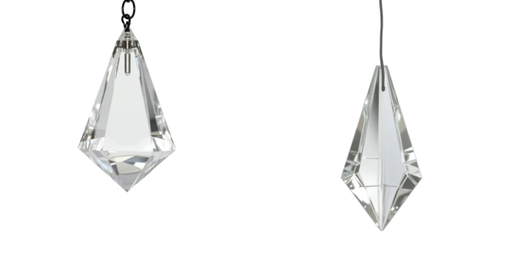 Isolated crystal chandelier pendants with a polished diamond shape, showcasing clear transparency and reflective surfaces on a transparent background.