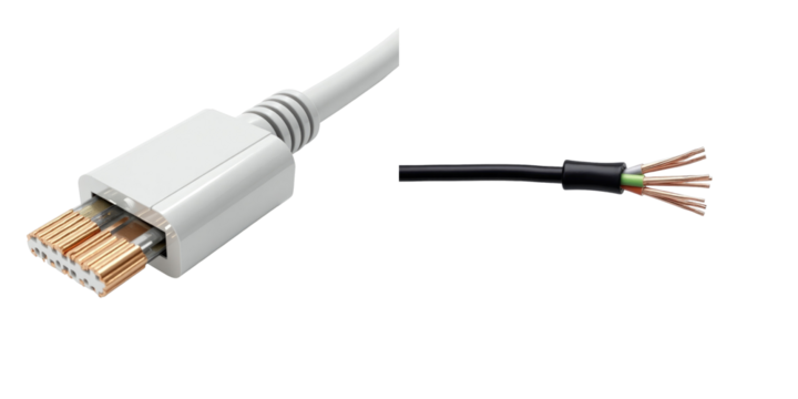 macro photograph of a power cable connector and exposed copper wires isolated on a transparent background with high detail representation of texture and color