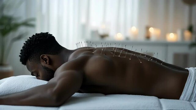 Relaxing acupuncture treatment, man lying prone on massage table