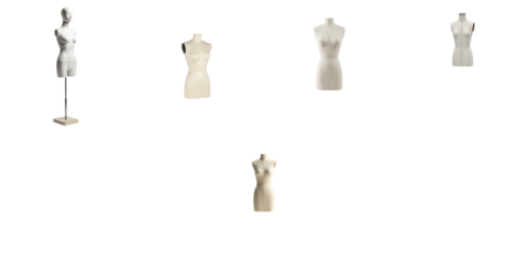Sewing mannequins with tailored markings displayed in various poses on a transparent background highlighting their form and details isolated from distractions