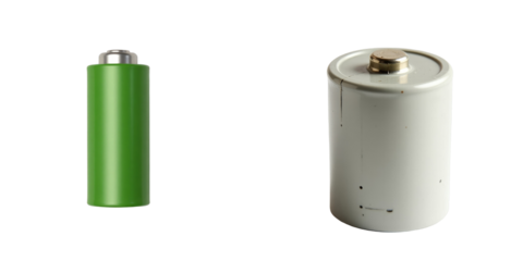 Vintage alkaline batteries one cylindrical green and one white canister style isolated on transparent background showcasing different shapes and sizes of electrical power sources for devices