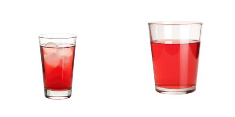 Two glasses filled with red liquid, one with ice cubes and the other without, isolated on a transparent background highlighting their transparent glass structure and contents.