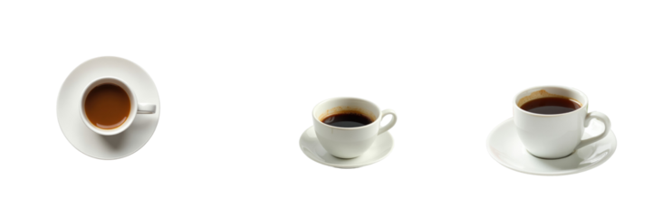 variety of coffee cups in different sizes on white saucers isolated on transparent background with no distractions in the image composition