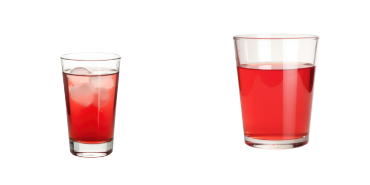 Two glasses filled with red liquid, one with ice cubes and the other without, isolated on a transparent background highlighting their transparent glass structure and contents.
