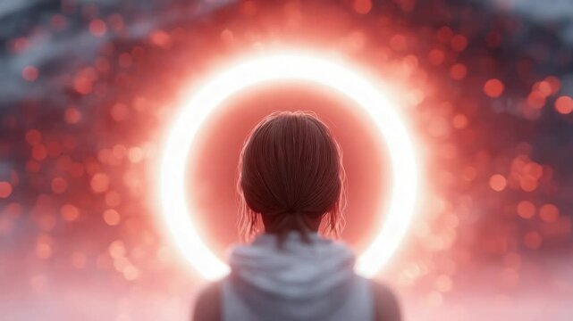 A character standing in front of a glowing portal, about to be transported into a game universe. crossing into virtual reality. entering a fantasy game.