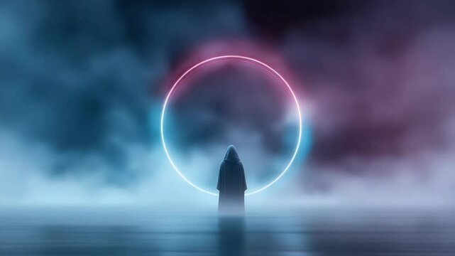 A character standing in front of a glowing portal, about to be transported into a game universe. crossing into virtual reality. entering a fantasy game.
