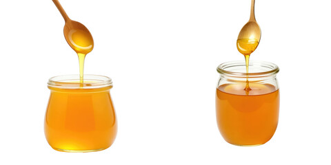 Honey dripping from a wooden spoon beside a jar filled with honey, both items isolated on a transparent background for clear visibility and focus on the subject matter.