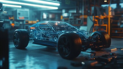 Futuristic virtual interface display showing electric vehicle technology and diagnostic data overlay in high-tech auto repair garage with blurred background