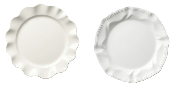 Two empty ceramic plates with wavy edges and frilled patterns viewed from above, isolated on a transparent background with clipping path for easy integration in designs.