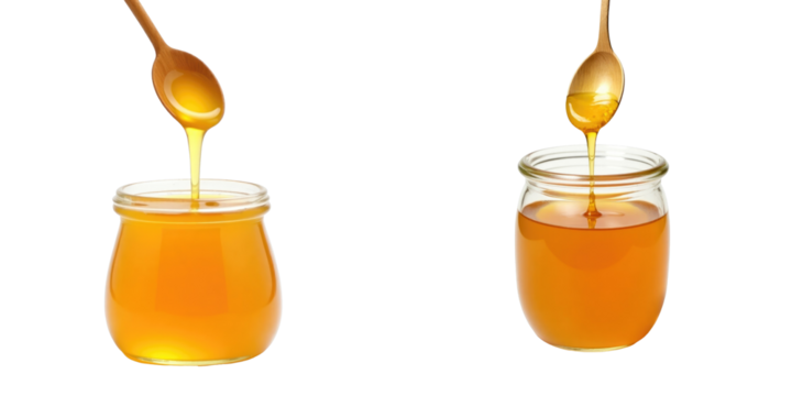 Honey dripping from a wooden spoon beside a jar filled with honey, both items isolated on a transparent background for clear visibility and focus on the subject matter.