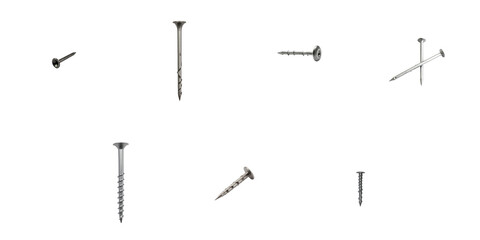 Assorted collection of metallic nails and screws displayed on a transparent background featuring various shapes and sizes with distinct finishes and textures.