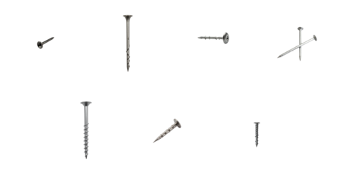 Assorted collection of metallic nails and screws displayed on a transparent background featuring various shapes and sizes with distinct finishes and textures.