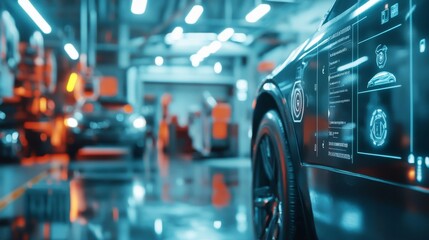 Futuristic virtual interface display showing electric vehicle technology and diagnostic data overlay in high-tech auto repair garage with blurred background