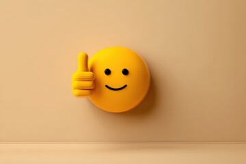 A 3D yellow smiley face giving a thumbs-up on a beige background, symbolizing positivity and approval.