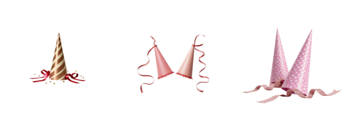 Party hats and festive ribbons displayed in a horizontal arrangement on a transparent background emphasizing celebration and party themes with vibrant colors and textures.