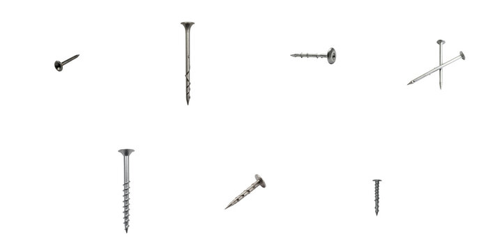 Assorted collection of metallic nails and screws displayed on a transparent background featuring various shapes and sizes with distinct finishes and textures.