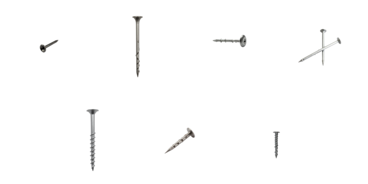 Assorted collection of metallic nails and screws displayed on a transparent background featuring various shapes and sizes with distinct finishes and textures. - Powered by Adobe