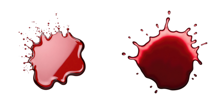 Red wine color splashes on transparent background with one splash having mirror effect, isolated for clear visibility and detailed texture representation.