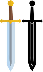 Medieval style sword flat vector design element, old adventure weapon in colour and silhouette