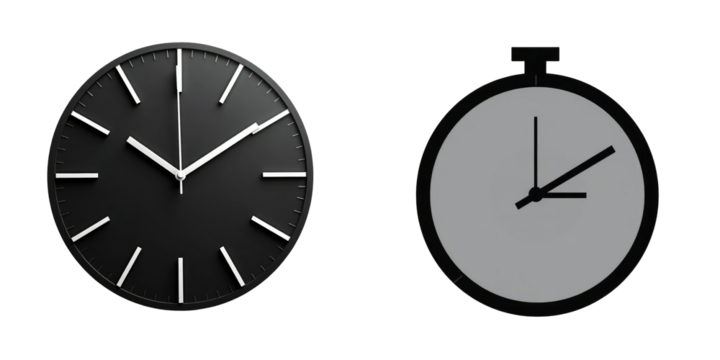 transparent and white clock dial designs isolated on a transparent background featuring a round wall clock on the left and a round pocket watch on the right