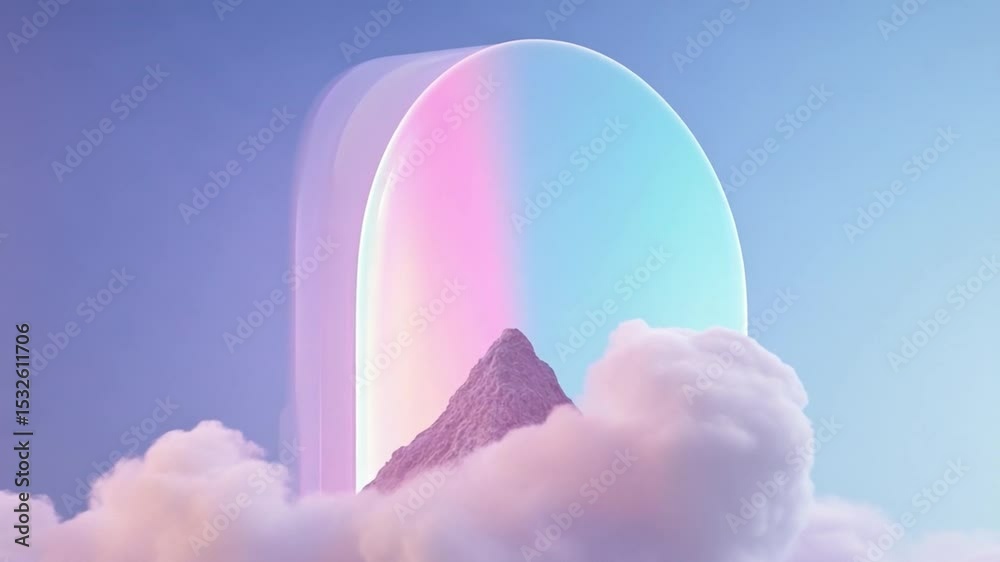 Poster abstract mountainscape with rainbow arch: a serene mountain peak rises majestically amidst soft, bil