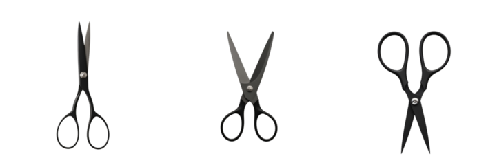 Three pairs of transparent scissors against a transparent background, displayed in a side-by-side arrangement showcasing different styles and designs isolated for clean visibility.