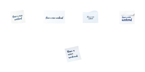 Collection of sticky notes with handwritten "Have a nice weekend" text in various styles and orientations isolated on a transparent background for versatile graphic use.