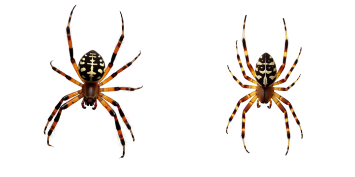 two realistic spiders on a web with distinct patterns and colors isolated on transparent background with intricate details visible on their bodies and legs - Powered by Adobe