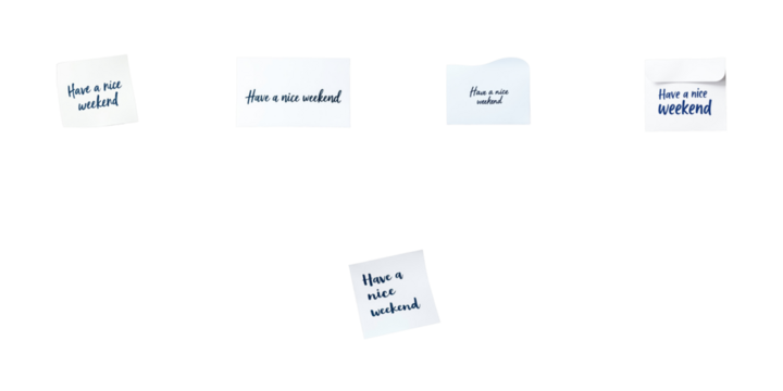 Collection of sticky notes with handwritten "Have a nice weekend" text in various styles and orientations isolated on a transparent background for versatile graphic use.