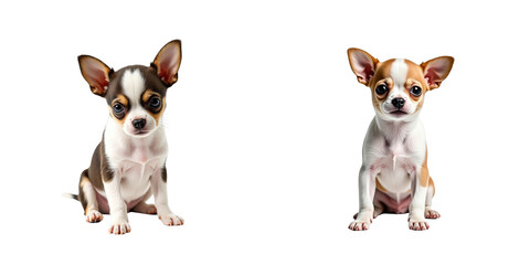 Obraz premium two chihuahua puppies seated side by side on a transparent background one with transparent and white fur the other with tan and white fur both looking directly at the camera