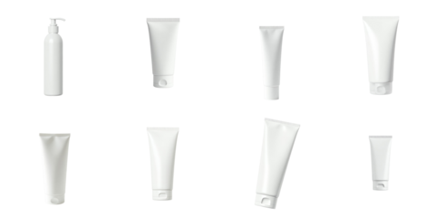 Variety of refillable transparent cosmetic tubes and bottles for shampoo and body wash on transparent background, showcasing multiple shapes and sizes for travel toiletry use
