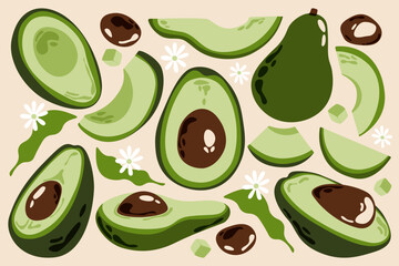 Avocado set. Green nature fruit with seed whole and sliced half, healthy organic food, cartoon ripe exotic tropical avocados. Vector vegetable collection