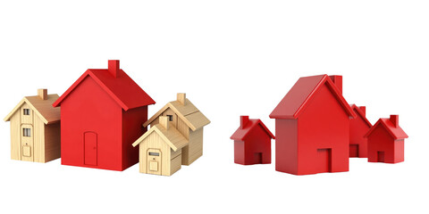 Red wooden houses in various sizes with a transparent background showcasing distinct designs and colors highlighting contrast between red and natural wood tones.