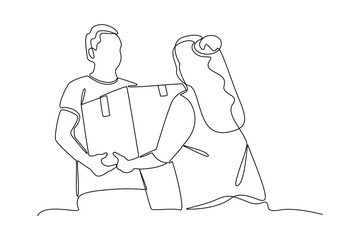 Simple continuous line draw of provide assistance to a woman. Social activities minimalist concept. Simple line. Social care.