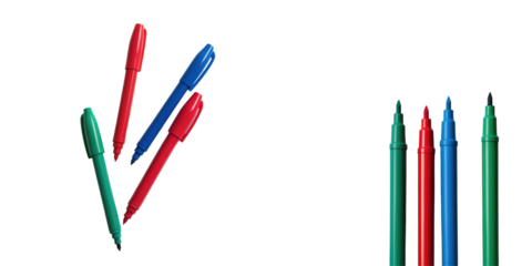 Assorted Red Green Blue Marker Pens Isolated on transparent Background Arranged in Different Directions for Creative or Educational Use