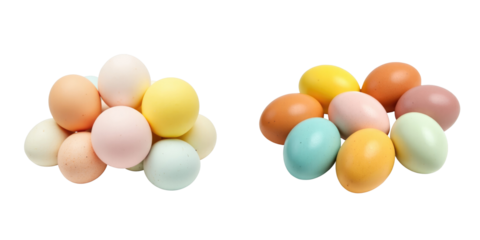 Various colorful Easter eggs stacked in two clusters, featuring pastel and bright hues, presented on a transparent background for clear visibility and easy integration into designs.