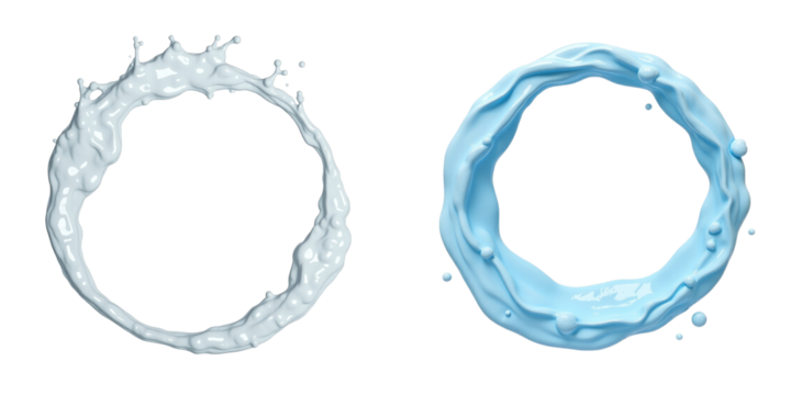 High-resolution water splash circular shapes isolated on transparent background in two variations one in white and one in light blue surrounded by droplets