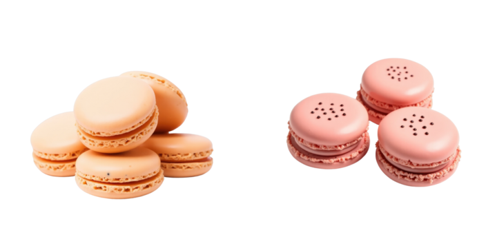 Assorted macarons in two color variations including peach and pink with smooth surfaces, stacked against a transparent background for focus on dessert details.