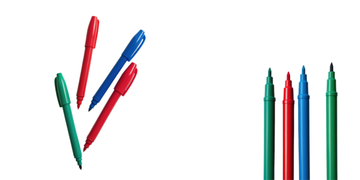 Assorted Red Green Blue Marker Pens Isolated on transparent Background Arranged in Different Directions for Creative or Educational Use
