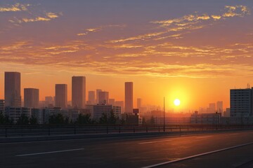 City skyline view during a vibrant sunset with orange sky and road in foreground