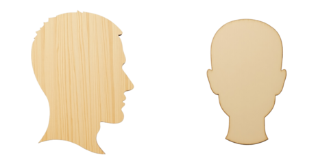Wooden silhouette human head profiles isolated on transparent background showcasing two different designs with smooth textures and contrasting shapes